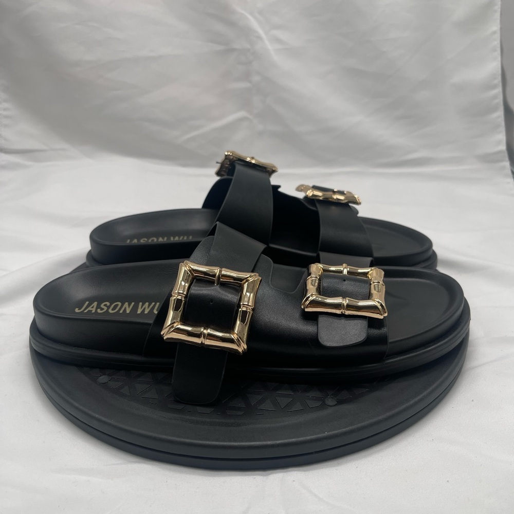 NEW Jason Wu Marzan Luxe Gold Black Strap Women’s Slide Sandals